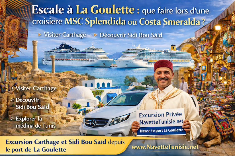Lorsque votre bateau de croisière arrive au port de La Goulette, beaucoup de passagers se posent la même question : Que faire pendant une escale à La Goulette ? Que vous arriviez à bord du MSC Splendida ou du Costa Smeralda, votre escale en Tunisie dure souvent seulement quelques heures. Il est donc important de choisir la meilleure excursion depuis le port de croisière pour profiter pleinement de votre passage à Tunis. Beaucoup de voyageurs cherchent sur Google avant d’arriver : La Goulette shore excursion Excursion La Goulette Tunisie Que faire à Tunis en escale de croisière Carthage Sidi Bou Said tour from cruise ship Private driver Tunis cruise port La bonne nouvelle est que le port de La Goulette est parfaitement situé pour visiter les lieux les plus célèbres de la région. Pourquoi l’escale à La Goulette est idéale pour les croisiéristes Le port de La Goulette se trouve à seulement quelques minutes des sites touristiques les plus visités du pays. Depuis le port de croisière, vous pouvez rapidement rejoindre : Carthage, l’un des plus grands sites archéologiques de la Méditerranée Sidi Bou Saïd, célèbre village bleu et blanc Tunis, capitale historique avec sa médina classée UNESCO C’est pour cette raison que les passagers recherchent souvent : Tunis shore excursion from cruise port Best excursion Tunis cruise stop Tour Carthage Sidi Bou Said from cruise port Escale courte : excursion Carthage et Sidi Bou Saïd depuis le port de La Goulette Si votre escale dure environ 3 heures ou 3h30, l’excursion la plus recommandée est : 👉 Excursion Carthage Sidi Bou Saïd depuis le port de croisière Ces deux lieux sont proches du port et permettent de découvrir l’essentiel de la région en peu de temps. Visiter Carthage pendant votre escale de croisière Ancienne rivale de Rome, Carthage fut l’une des civilisations les plus puissantes du monde antique. Aujourd’hui, les visiteurs peuvent découvrir : les célèbres thermes d’Antonin les vestiges romains les panoramas spectaculaires sur la Méditerranée l’histoire fascinante de la civilisation punique Pour les croisiéristes qui cherchent Carthage Sidi Bou Said tour from cruise ship, cette visite est incontournable. Découvrir Sidi Bou Saïd pendant votre escale Après la visite de Carthage, votre excursion continue vers Sidi Bou Saïd. Ce village est célèbre pour : ses maisons blanches ses portes bleues ses ruelles pittoresques ses vues panoramiques sur la mer Sidi Bou Saïd est souvent considéré comme le village le plus photographié de Tunisie. Pour les passagers du MSC Splendida ou du Costa Smeralda, c’est l’endroit idéal pour se promener et profiter d’un panorama unique. Escale plus longue : excursion Tunis Carthage Sidi Bou Saïd (5 heures) Si votre escale dure environ 5 heures, il est possible d’ajouter une troisième visite : 👉 Tunis Carthage Sidi Bou Said tour from cruise port Explorer la médina de Tunis La médina de Tunis est classée au patrimoine mondial de l’UNESCO. En visitant la médina, vous découvrirez : les souks traditionnels l’artisanat tunisien l’architecture historique l’ambiance authentique de la capitale C’est une expérience culturelle unique pour les voyageurs qui cherchent visite Tunis depuis port de croisière. Une expérience originale : tour de chameau au bord de la mer Pendant votre excursion depuis La Goulette, vous pouvez aussi profiter d’une activité typique : 🐪 Un tour à dos de chameau au bord de la mer Cette expérience est très appréciée des voyageurs et permet de prendre des photos originales face à la Méditerranée. Excursion du bateau ou excursion privée ? Lorsque votre croisière fait escale à La Goulette, deux options existent : 1️⃣ réserver l’excursion organisée par la compagnie de croisière 2️⃣ réserver une private shore excursion Tunisia Les excursions du bateau se font généralement : en grands bus avec beaucoup de passagers avec un programme fixe C’est pourquoi beaucoup de voyageurs préfèrent chercher sur Google : Private excursion Carthage Sidi Bou Said Private driver La Goulette port Tunis private shore excursion Navette Tunisie : chauffeur privé au port de La Goulette Avec www.navettetunisie.net, vous bénéficiez d’un service conçu spécialement pour les passagers de croisière. Navette Tunisie vous assure votre excursion vers : Tunis Carthage Sidi Bou Saïd avec plusieurs options : excursion 3 heures Carthage Sidi Bou Saïd excursion 3h30 Carthage Sidi Bou Saïd excursion 5 heures Tunis Carthage Sidi Bou Saïd Véhicule privé confortable Avec Navette Tunisie : vous êtes jusqu’à 4 personnes dans une voiture privée ou dans un grand van pour les familles ou groupes véhicule climatisé chauffeur professionnel déclaré Vous profitez ainsi d’une excursion plus confortable qu’en bus. Assurance et sécurité Tous les véhicules sont : ✔ assurés tous risques ✔ couverts par une assurance touristique professionnelle ✔ autorisés à opérer au port de La Goulette Vous voyagez donc avec un service officiel et sécurisé. Tarif excursion Tunis Carthage Sidi Bou Saïd 👉 140 € par véhicule (jusqu’à 4 personnes) pour l’excursion de 5 heures. ⚠️ Frais portuaire : Le port de La Goulette applique un frais d’accès entre 10 € et 15 € par véhicule. Réservation simple et sans paiement à l’avance La réservation est très simple : ✔ vous confirmez votre réservation ✔ notre agent vous attend à la sortie du port avec une pancarte à votre nom ✔ paiement direct avec le chauffeur en euros Aucun paiement à l’avance n’est obligatoire. Profitez pleinement de votre escale à La Goulette Une escale à La Goulette est une occasion idéale de découvrir la Tunisie. Même en quelques heures, vous pouvez visiter : Carthage Sidi Bou Saïd Tunis Avec une excursion bien organisée, votre escale peut devenir l’un des moments forts de votre croisière. 👉 Réservez votre excursion sur www.navettetunisie.net et profitez pleinement de votre passage en Tunisie. CLIQUEZ ICI POUR RÉSERVER VOTRE NAVETTE PRIVÉE OU VOTRE CIRCUIT DÈS MAINTENANT SUR NAVETTETUNISIE.NET.