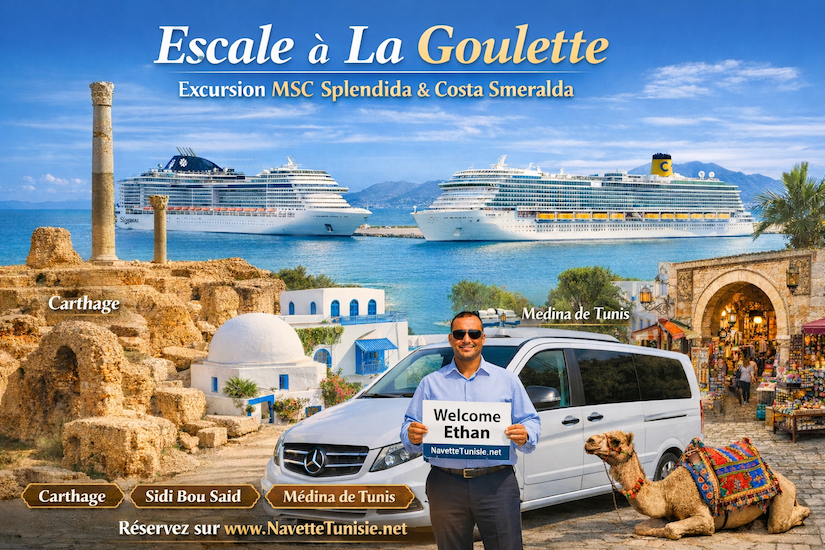 Lorsque votre bateau de croisière arrive au port de La Goulette en Tunisie, une question revient toujours chez les passagers : Que faire pendant une escale à La Goulette ? Que vous arriviez à bord du MSC Splendida ou du Costa Smeralda, vous disposez généralement de quelques heures seulement pour découvrir la région de Tunis. Mais la bonne nouvelle est que La Goulette est l’un des ports de croisière les mieux situés de Méditerranée. En quelques minutes seulement, vous pouvez rejoindre des sites historiques, des villages emblématiques et des lieux classés au patrimoine mondial. Avec une bonne organisation et un chauffeur privé, votre excursion depuis le port de La Goulette peut devenir l’un des plus beaux souvenirs de votre croisière. Pourquoi l’escale à La Goulette est idéale pour les croisiéristes Le port de La Goulette se trouve à l’entrée du golfe de Tunis. Il est parfaitement placé pour visiter les trois sites les plus célèbres de la région : Carthage Sidi Bou Saïd Tunis Contrairement à d’autres escales de croisière où les trajets sont longs, ici tout est proche. Cela permet de profiter pleinement de votre escale même si votre bateau reste seulement quelques heures au port. C’est pour cette raison que de nombreux passagers recherchent sur Google : excursion La Goulette que faire à La Goulette croisière Carthage Sidi Bou Saïd depuis port de croisière Tunis shore excursion Escale courte à La Goulette : excursion Carthage et Sidi Bou Saïd Si votre escale dure 3 heures ou 3h30, le programme idéal est : 👉 Excursion Carthage et Sidi Bou Saïd depuis le port de La Goulette Ces deux sites sont proches et permettent de découvrir l’essentiel de la région. Visiter Carthage pendant votre escale de croisière Ancienne rivale de Rome, Carthage fut l’une des plus grandes civilisations de l’Antiquité. Aujourd’hui, les visiteurs peuvent découvrir : les thermes d’Antonin les vestiges romains les panoramas magnifiques sur la mer l’histoire de la civilisation punique Carthage est l’un des sites archéologiques les plus importants du bassin méditerranéen. Pour les croisiéristes, c’est une visite incontournable lors d’une escale à La Goulette. Découvrir Sidi Bou Saïd pendant votre escale Après Carthage, votre excursion continue vers Sidi Bou Saïd, l’un des villages les plus célèbres de Tunisie. Ce village est mondialement connu pour : ses maisons blanches ses portes bleues ses ruelles pittoresques ses vues panoramiques sur la Méditerranée Sidi Bou Saïd est souvent considéré comme le village le plus photographié de Tunisie. Pour les passagers du MSC Splendida ou du Costa Smeralda, c’est l’endroit parfait pour se promener, prendre des photos et profiter d’une atmosphère unique. Escale plus longue : excursion Tunis Carthage Sidi Bou Saïd (5 heures) Si votre escale dure environ 5 heures, il est possible d’ajouter une troisième visite très intéressante : 👉 Excursion Tunis Carthage Sidi Bou Saïd depuis le port de La Goulette Explorer la médina de Tunis La médina de Tunis est classée au patrimoine mondial de l’UNESCO. C’est un véritable labyrinthe de ruelles historiques où l’on découvre : les souks traditionnels l’artisanat tunisien l’architecture arabo-andalouse la vie locale authentique Cette visite permet de découvrir la culture tunisienne au-delà des sites touristiques. Tour de chameau au bord de la mer Pendant votre excursion depuis La Goulette, il est aussi possible d’ajouter une activité typique : 🐪 un tour à dos de chameau au bord de la mer Cette expérience simple et authentique est très appréciée des voyageurs et permet de prendre des photos originales face à la Méditerranée. Excursion du bateau ou excursion privée ? Lorsque votre croisière fait escale à La Goulette, deux possibilités existent : réserver l’excursion proposée par la compagnie réserver une excursion privée locale Les excursions du bateau se font généralement : en grand bus avec beaucoup de passagers avec un programme fixe Une excursion privée offre souvent plus de confort et de flexibilité. Navette Tunisie : chauffeur privé pour votre escale à La Goulette Avec www.navettetunisie.net, vous bénéficiez d’un service conçu spécialement pour les passagers de croisière. Navette Tunisie vous assure votre tour à : Tunis Carthage Sidi Bou Saïd avec plusieurs formules : excursion 3 heures Carthage Sidi Bou Saïd excursion 3h30 Carthage Sidi Bou Saïd excursion 5 heures Tunis Carthage Sidi Bou Saïd Véhicule privé confortable Avec Navette Tunisie : vous êtes jusqu’à 4 personnes dans une voiture privée ou dans un grand van pour les familles ou groupes véhicule climatisé chauffeur professionnel déclaré Vous profitez d’une excursion plus confortable qu’en bus. Assurance et sécurité Tous les véhicules sont : ✔ assurés tous risques ✔ couverts par une assurance touristique professionnelle ✔ autorisés à opérer au port de La Goulette Vous voyagez donc avec un service officiel et sécurisé. Tarif excursion Tunis Carthage Sidi Bou Saïd 👉 140 € par véhicule (jusqu’à 4 personnes) pour l’excursion 5 heures. Ce tarif est souvent plus avantageux que les excursions du bateau facturées par personne. ⚠️ Frais portuaire : Le port de La Goulette applique un frais d’accès entre 10 € et 15 € par véhicule. Réservation simple et sans paiement à l’avance Le fonctionnement est très simple : ✔ vous confirmez votre réservation ✔ notre agent vous attend à la sortie du port avec une pancarte à votre nom ✔ paiement direct avec le chauffeur en euros Aucun paiement à l’avance n’est obligatoire. Pourquoi choisir Navette Tunisie pour votre escale Les passagers du MSC Splendida et du Costa Smeralda apprécient : le confort d’une voiture privée la flexibilité du programme le prix avantageux le service officiel le retour garanti au bateau Profitez pleinement de votre escale à La Goulette Une escale à La Goulette est une excellente occasion de découvrir la Tunisie. Même en quelques heures, vous pouvez visiter : Carthage Sidi Bou Saïd Tunis Avec une excursion bien organisée, votre escale peut devenir l’un des moments forts de votre croisière. 👉 Réservez votre excursion sur www.navettetunisie.net et profitez pleinement de votre passage en Tunisie. CLIQUEZ ICI POUR RÉSERVER VOTRE NAVETTE PRIVÉE OU VOTRE CIRCUIT DÈS MAINTENANT SUR NAVETTETUNISIE.NET
