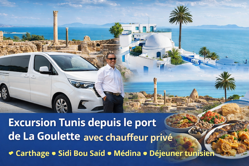 Vous arrivez en croisière et vous cherchez une excursion Tunis port La Goulette chauffeur privé pour profiter au maximum de confort ? Vous êtes exactement au bon endroit. Nous avons conçu pour vous une expérience simple, fluide et parfaitement adaptée aux voyageurs en escale. En quelques heures seulement, vous pouvez découvrir les plus beaux sites de Tunis, vivre une immersion locale authentique et savourer un déjeuner tunisien dans un restaurant typique. 👉 Et surtout, un point essentiel qui fait toute la différence : le chauffeur reste avec vous toute la journée jusqu’au retour au port de La Goulette, même si vous souhaitez prendre votre temps pour déjeuner. Il peut vous proposer les meilleurs restaurants, et vous choisissez librement ce qui vous convient. Excursion à Tunis depuis La Goulette avec chauffeur privé : confort, flexibilité et tranquillité Quand on est en escale, chaque minute compte. Il est donc essentiel d’avoir une organisation parfaite. Avec notre service, vous bénéficiez de : Prise en charge directe au port de La Goulette Véhicule confortable, climatisé et adapté à votre groupe Chauffeur professionnel, ponctuel et expérimenté Programme totalement flexible selon vos envies Retour garanti au port avant l’embarquement 👉 Contrairement aux excursions en groupe, vous êtes totalement libre. Vous décidez du rythme, des pauses, des arrêts. Et surtout : 👉 le chauffeur reste avec vous jusqu’au retour au port de La Goulette, sans exception. Vous êtes accompagné, rassuré et libre à la fois. Excursion Tunis port La Goulette : visiter Carthage avec chauffeur privé À seulement quelques minutes du port, Carthage est une visite à ne surtout pas manquer. Vous découvrirez : Les célèbres Thermes d’Antonin, impressionnants face à la mer Les vestiges de la civilisation punique et romaine La colline de Byrsa, offrant une vue panoramique exceptionnelle C’est une visite rapide, efficace et riche en histoire. 👉 Vous profitez du site à votre rythme pendant que votre chauffeur vous attend confortablement. Sidi Bou Saïd : le village emblématique aux couleurs bleu et blanc Après Carthage, direction Sidi Bou Saïd, sans doute le village le plus célèbre de Tunisie. Vous serez séduit par : Ses maisons blanches aux portes bleues Ses ruelles pleines de charme Sa vue imprenable sur la mer C’est l’endroit parfait pour : Prendre des photos inoubliables Se détendre Profiter d’un moment agréable 👉 Vous pouvez vous arrêter pour un café ou simplement profiter de l’ambiance. Votre chauffeur reste disponible et s’adapte à votre rythme. La Médina de Tunis : immersion dans la culture locale et les souks Impossible de visiter Tunis sans passer par la Médina, véritable cœur historique. Vous y découvrirez : Des souks traditionnels riches en couleurs Des produits artisanaux authentiques Une ambiance locale vivante et unique C’est une immersion rapide mais intense dans la culture tunisienne. 👉 Idéal pour acheter des souvenirs et vivre une expérience authentique. Déjeuner tunisien dans un restaurant typique : une expérience à ne pas rater Après les visites, place à un moment incontournable : la découverte de la gastronomie tunisienne. 👉 Vous souhaitez manger tunisien ? C’est totalement possible. 👉 Le chauffeur peut vous montrer les meilleurs restaurants typiques tunisiens, ensuite vous choisissez librement selon vos envies. Vous pourrez déguster : Couscous tunisien Tajine Brik Poissons ou grillades 👉 Et surtout : le chauffeur reste avec vous jusqu’au retour au port de La Goulette, même pendant votre pause déjeuner. Vous mangez tranquillement, sans stress, sans contrainte de temps. Organisation simple et sans stress : profitez pleinement de votre escale Avec Navette Tunisie, tout est pensé pour votre confort : Aucun stress Aucun retard Aucune complication Nous nous occupons de tout. 👉 Vous profitez, nous gérons. Pourquoi choisir Navette Tunisie pour votre excursion à Tunis ? Nous sommes spécialisés dans les excursions pour les voyageurs en croisière. ✔ Service fiable et professionnel ✔ Expérience avec les escales croisières ✔ Flexibilité totale ✔ Confort et sécurité ✔ Réservation rapide et simple Notre objectif est clair : vous offrir une expérience parfaite dès votre arrivée. Réservez dès maintenant votre excursion depuis le port de La Goulette Ne laissez pas votre escale au hasard. 👉 Offrez-vous une journée organisée, confortable et adaptée à vos envies. 👉 Contactez-nous directement sur WhatsApp via : navettetunisie.net 💬 Réponse rapide 💬 Réservation simple 💬 Service garanti En quelques minutes, votre excursion est confirmée. Conclusion : une escale courte mais parfaitement réussie En quelques heures, vous pouvez : Visiter Carthage Découvrir Sidi Bou Saïd Explorer la Médina de Tunis Profiter d’un déjeuner tunisien typique 👉 Avec un chauffeur privé qui reste avec vous toute la journée, vous êtes totalement serein. 👉 Réservez dès maintenant avec Navette Tunisie et transformez votre escale à Tunis en une expérience inoubliable. Nous sommes prêts à vous accueillir et à vous offrir le meilleur. CLIQUEZ ICI POUR RÉSERVER VOTRE NAVETTE PRIVÉE OU VOTRE CIRCUIT DÈS MAINTENANT SUR NAVETTETUNISIE.NET.