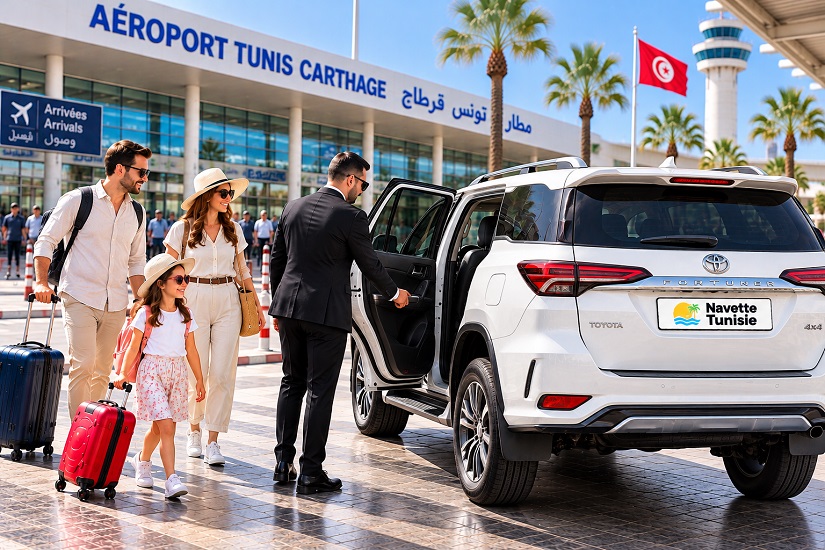 Transfert privé depuis l’aéroport Tunis-Carthage avec chauffeur professionnel Navette Tunisie
