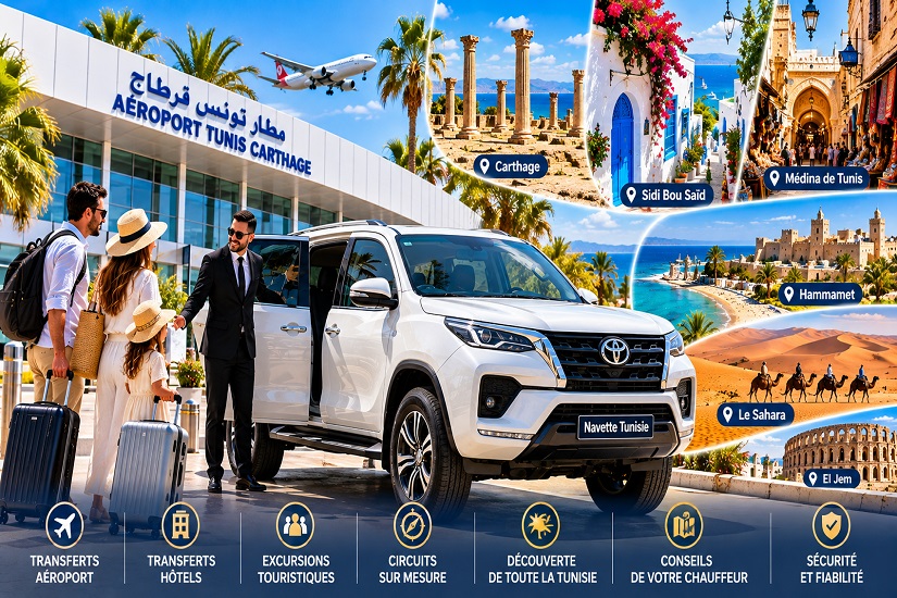 Toyota Fortuner blanc avec chauffeur privé pour transferts et excursions touristiques en Tunisie.