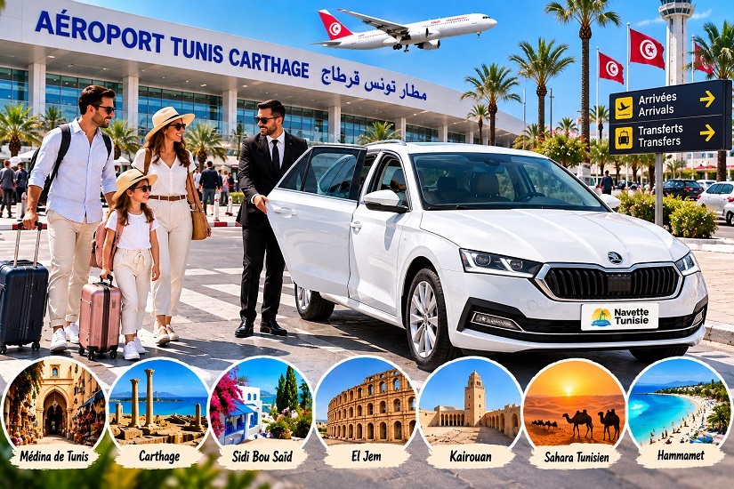 Transfert privé depuis l’aéroport Tunis-Carthage avec chauffeur professionnel Navette Tunisie